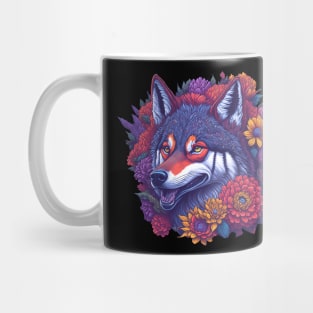 Vintage Colorful Wolf With Flowers Mug